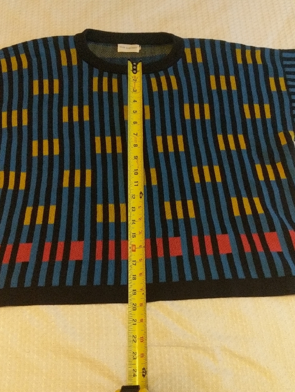 Blue Striped Short-Sleeve Knit Top with Yellow and Pink Accents - Picture 11 of 11